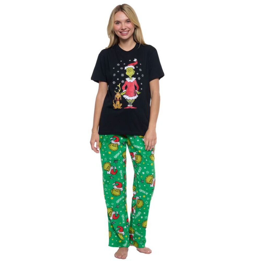 Women's & Women's Plus Dr Seuss' Grinch Pajama Set T-Shirt & Plush Pants Green